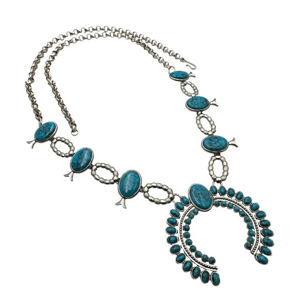 Vintage Faux Turquoise Silver Tone Squash Blossom Necklace NOS Costume Fashion - Picture 2 of 3